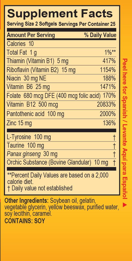 Super Macho bottle back label emphasizes zinc and B vitamins for daily vitality.