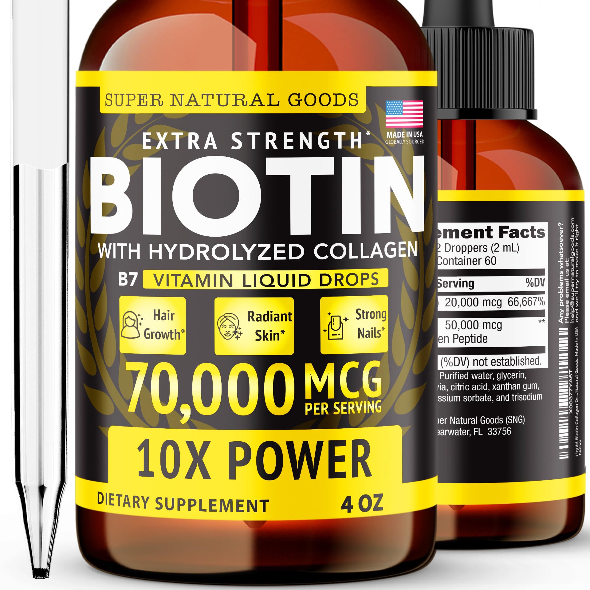 Super Natural Goods liquid biotin-collagen bottle highlights high-potency formula for hair, skin, and nails.