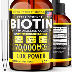 Super Natural Goods liquid biotin-collagen bottle highlights high-potency formula for hair, skin, and nails.