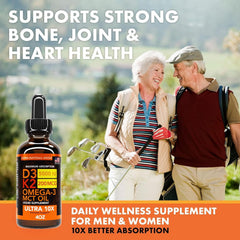 Glass dropper bottle image highlights MCT oil and Omega-3 blend.