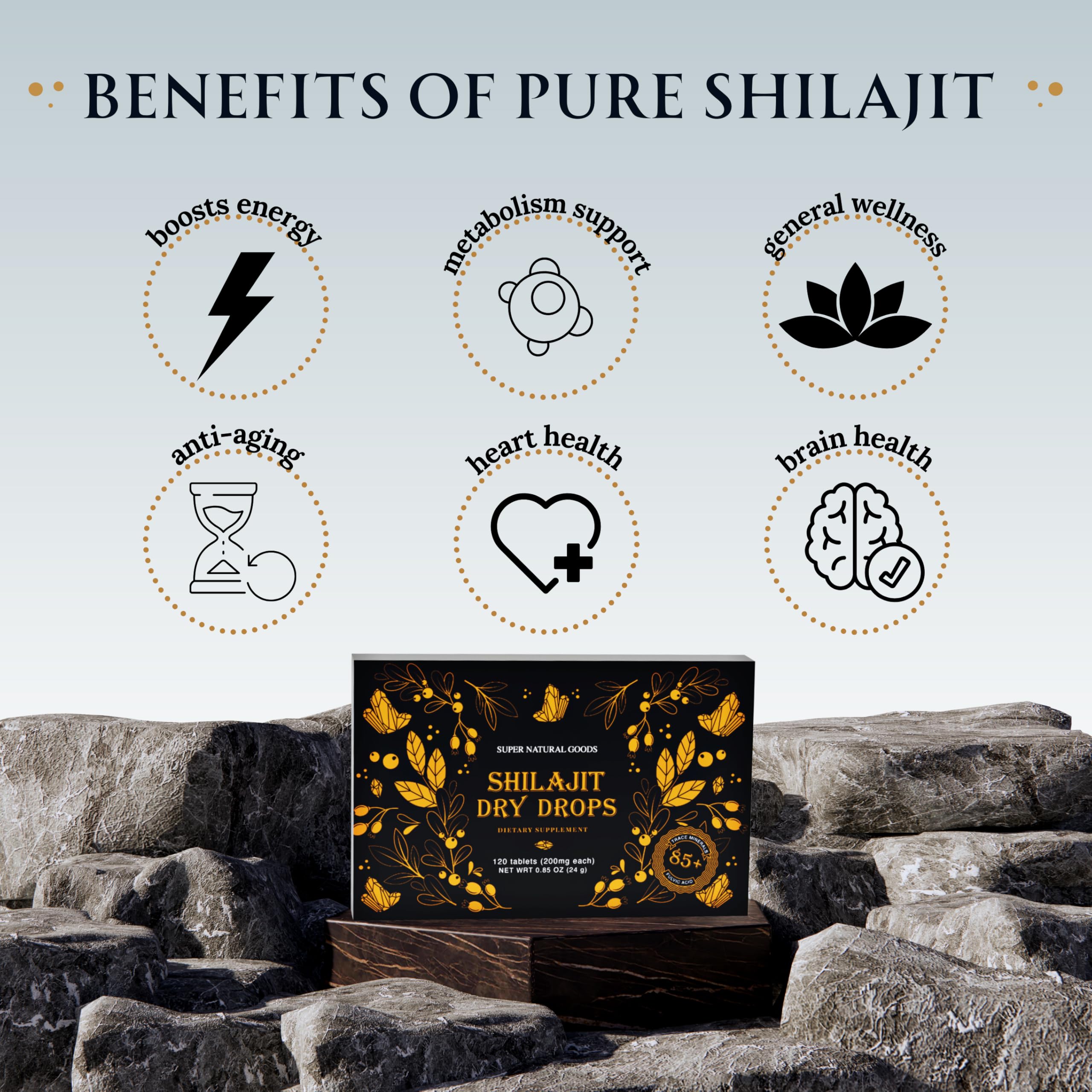 Super Natural Goods Pure Shilajit dry drops tablets closeup emphasizing potent trace minerals for immune support.