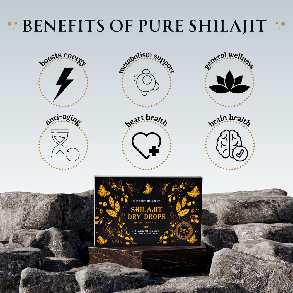 Super Natural Goods Pure Shilajit dry drops tablets closeup emphasizing potent trace minerals for immune support.