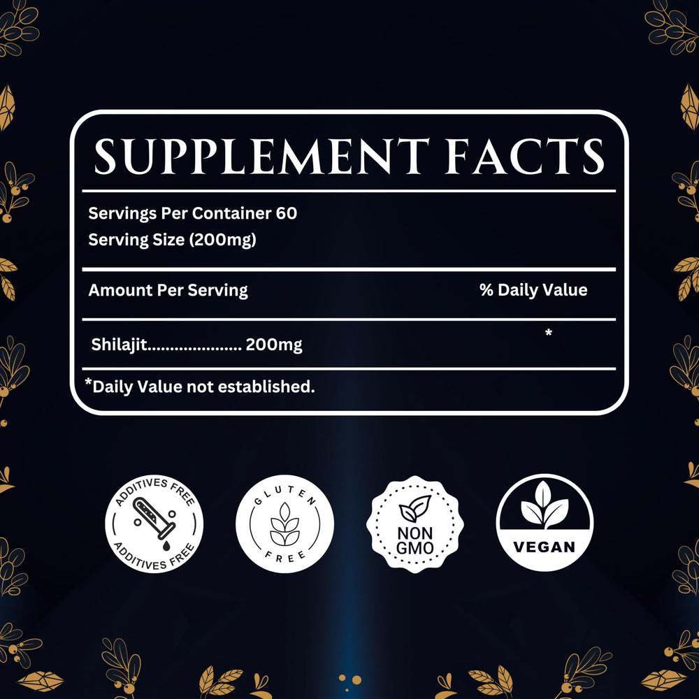 Super Natural Goods Pure Shilajit energy and immune support benefits depicted in product visuals.
