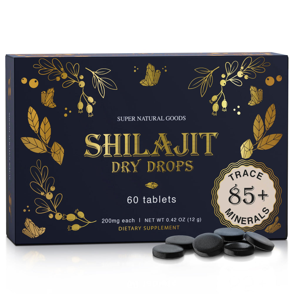 Super Natural Goods Pure Shilajit resin packaging highlights mineral-rich formula for daily vitality.