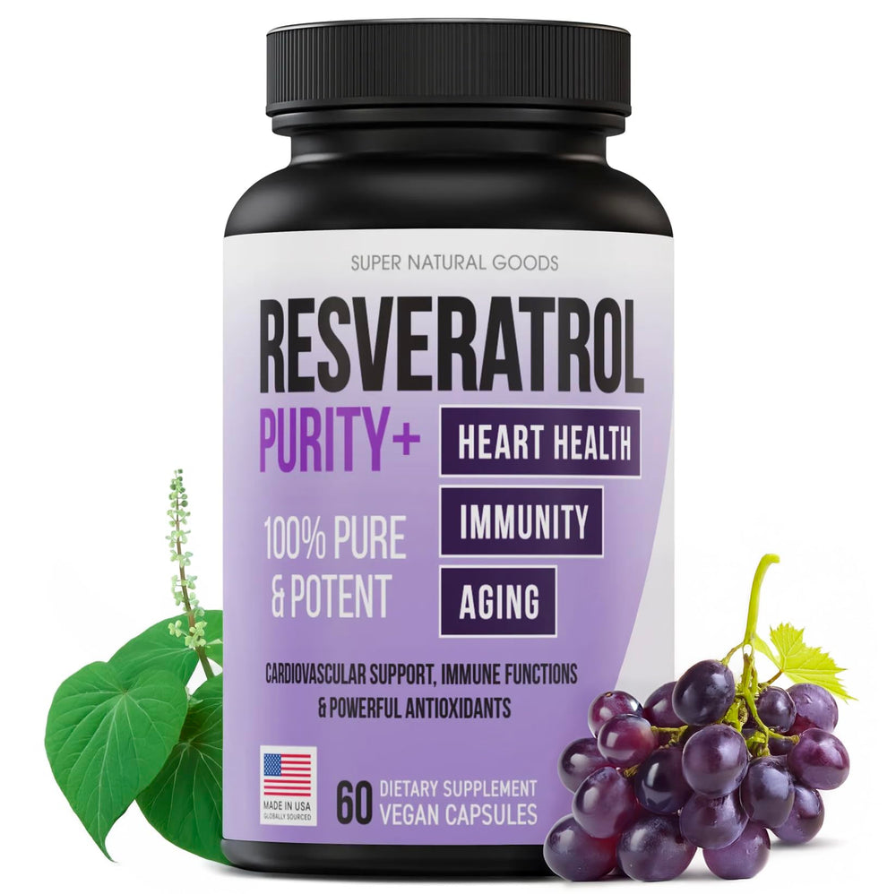Super Natural Goods Trans-Resveratrol bottle showing premium antioxidant supplement for cellular health support