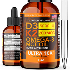 Super Natural Goods Vitamin D3 K2 liquid drops bottle supports immune health and bone strength.