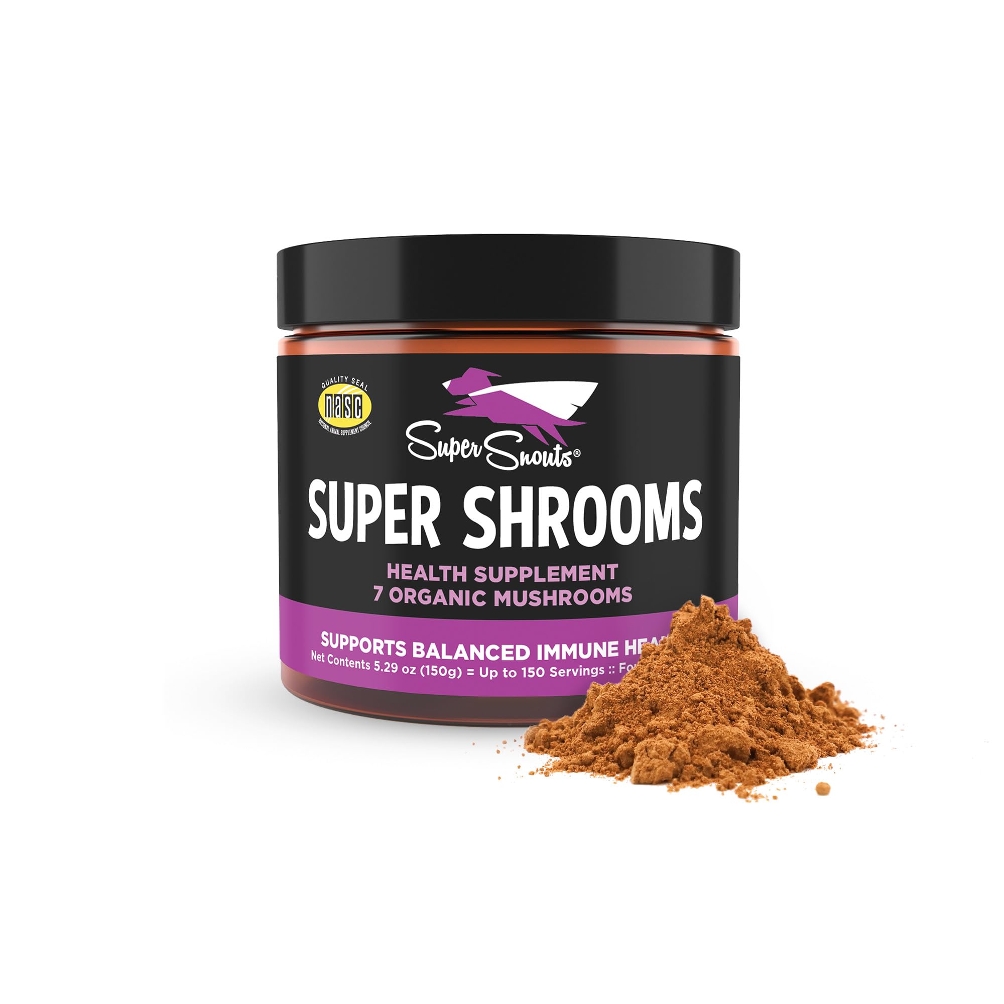 Super Snouts Super Shrooms bottle front: natural immune support for dogs and cats.
