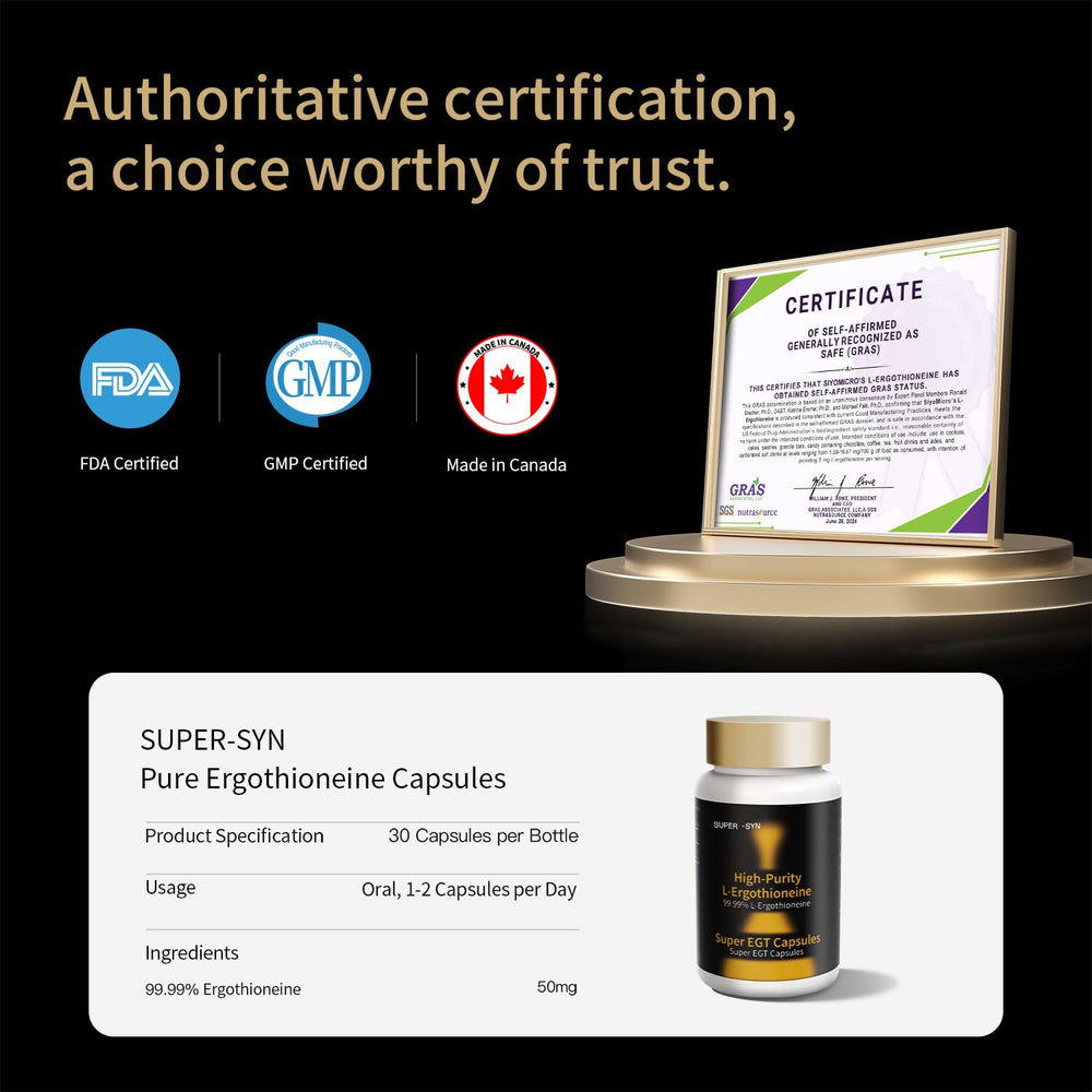 SUPER-SYN L-Ergothioneine vegetarian mark indicates plant-friendly supplement