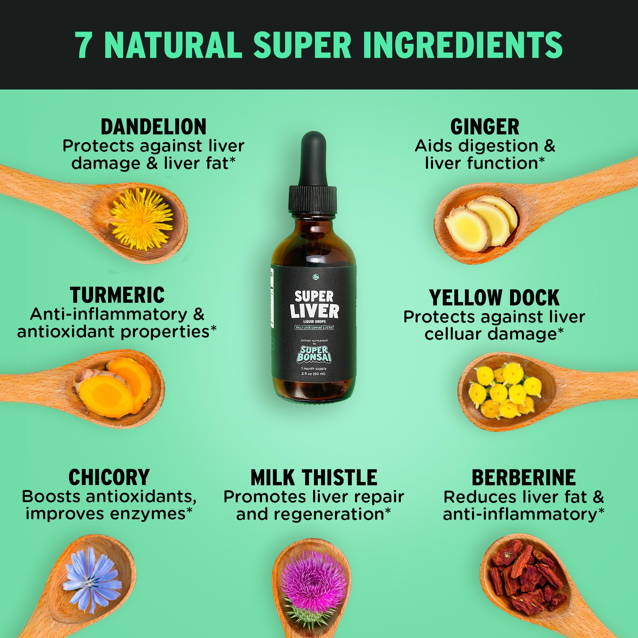 SuperBonsai Super Liver packaging box highlights vegan and GMP-certified quality.