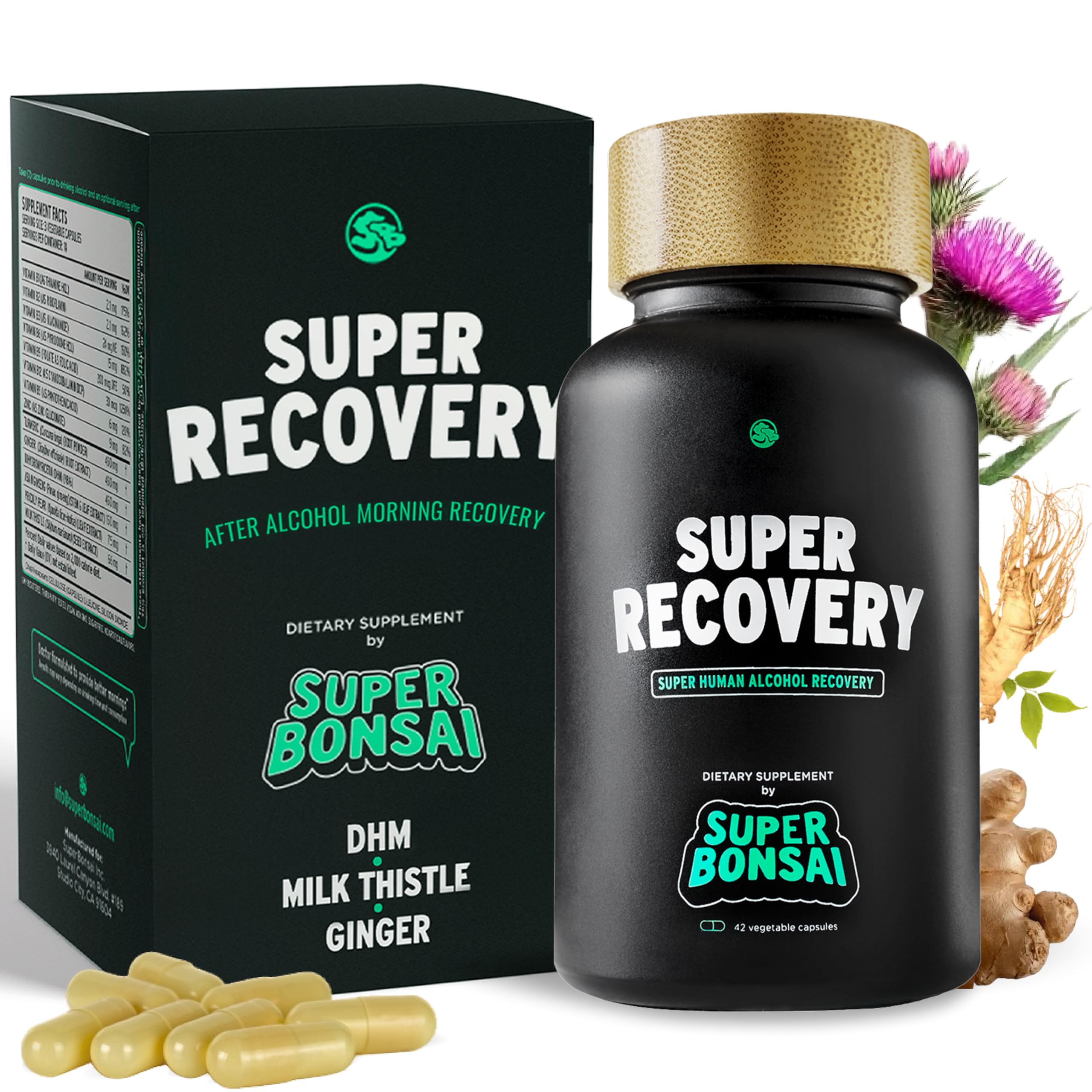 SuperBonsai Super Recovery capsules bottle shown for morning energy support
