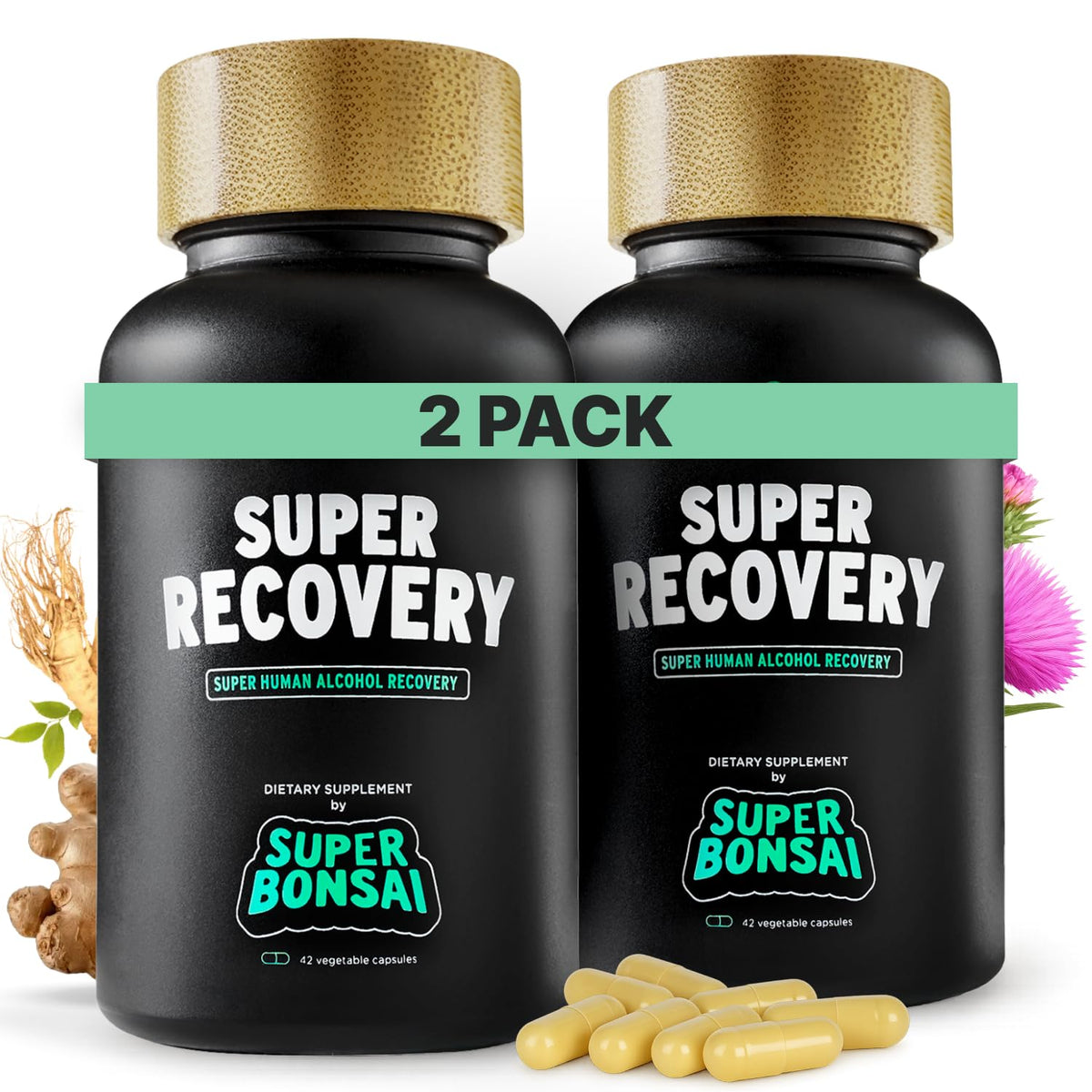 SuperBonsai Super Recovery capsules close-up showing natural ingredients and energy support.