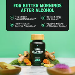Close-up of SuperBonsai Super Recovery capsules emphasizing easy pre-drinking support