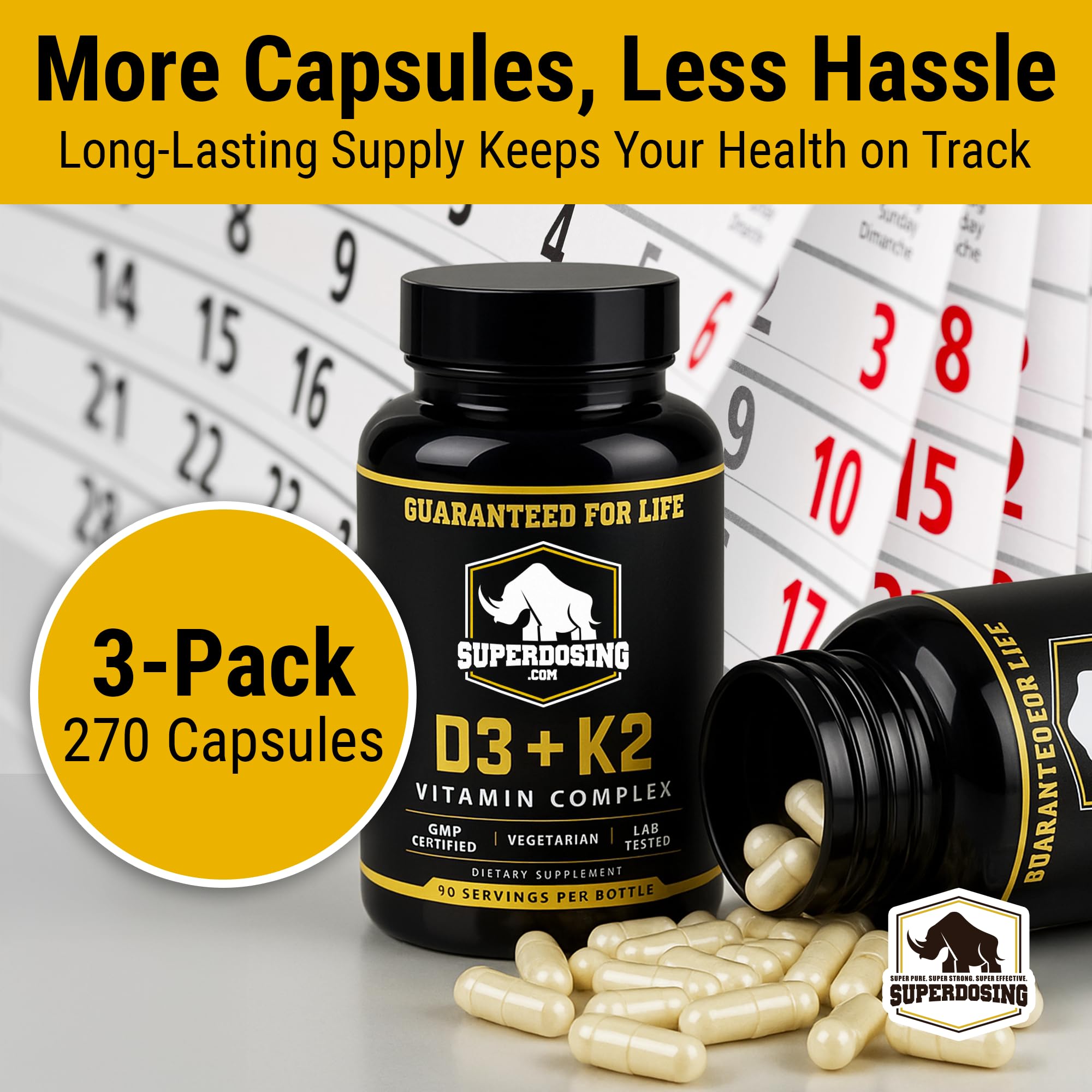 SuperDosing D3K2 label showing ingredients and dosages