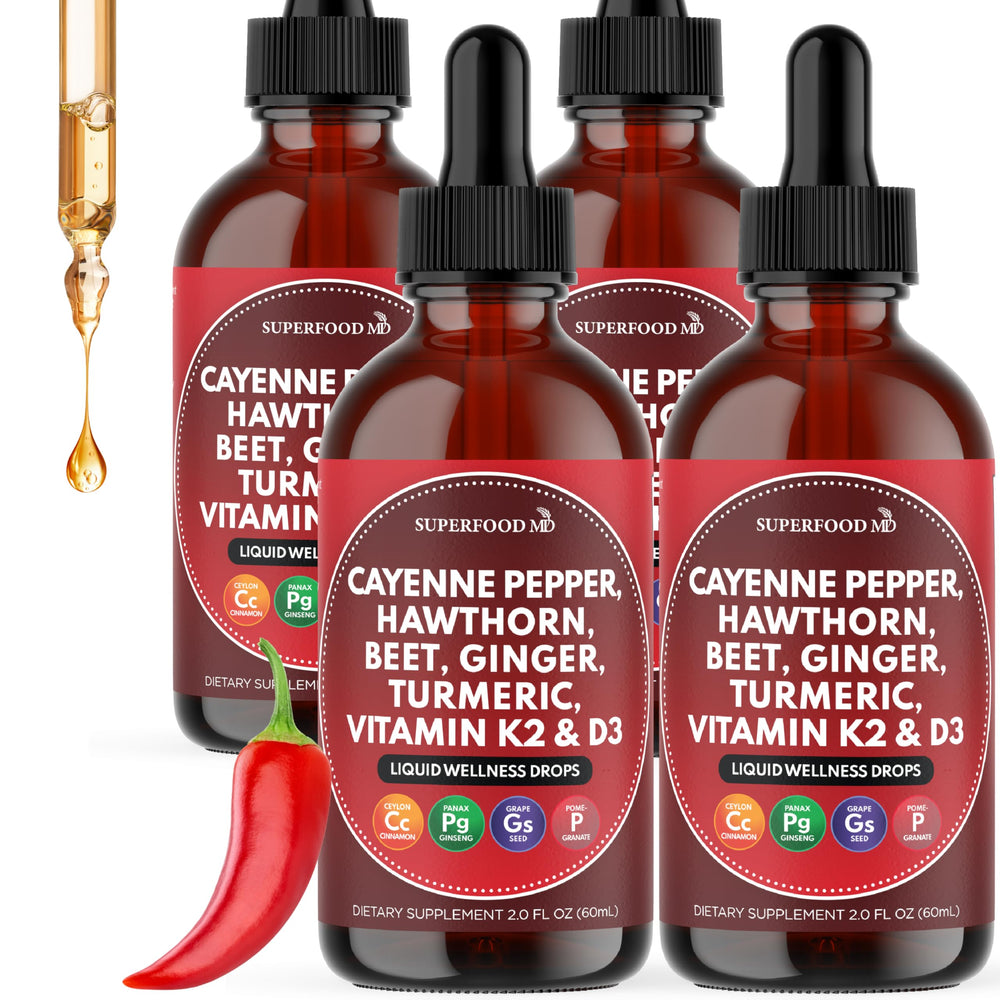 Superfood MD Cayenne drops bottle pour for daily vitality.