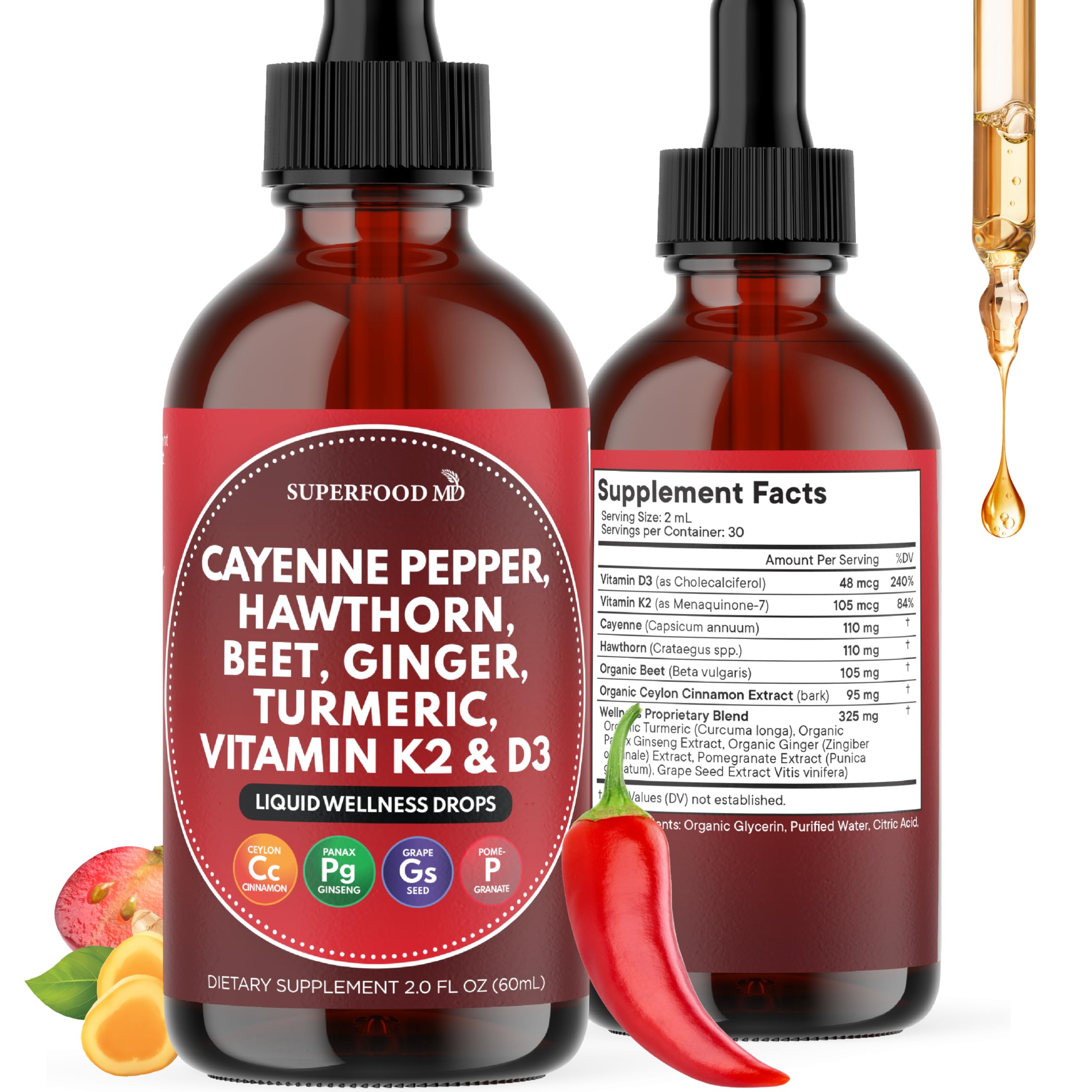 Superfood MD Cayenne Drops bottle with dropper for daily wellness and natural energy support.