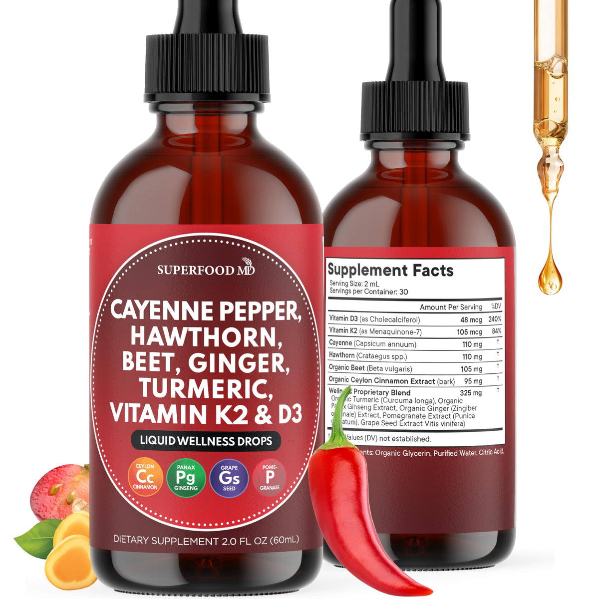 Superfood MD Cayenne Drops bottle with dropper for daily wellness and natural energy support.