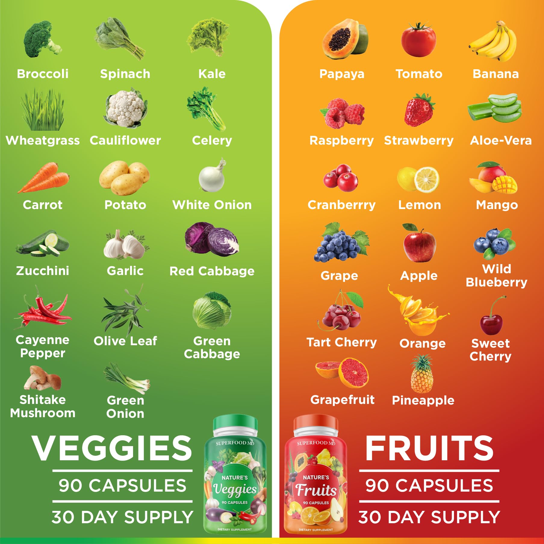 Superfood MD capsules close-up, gluten-free and soy-free.