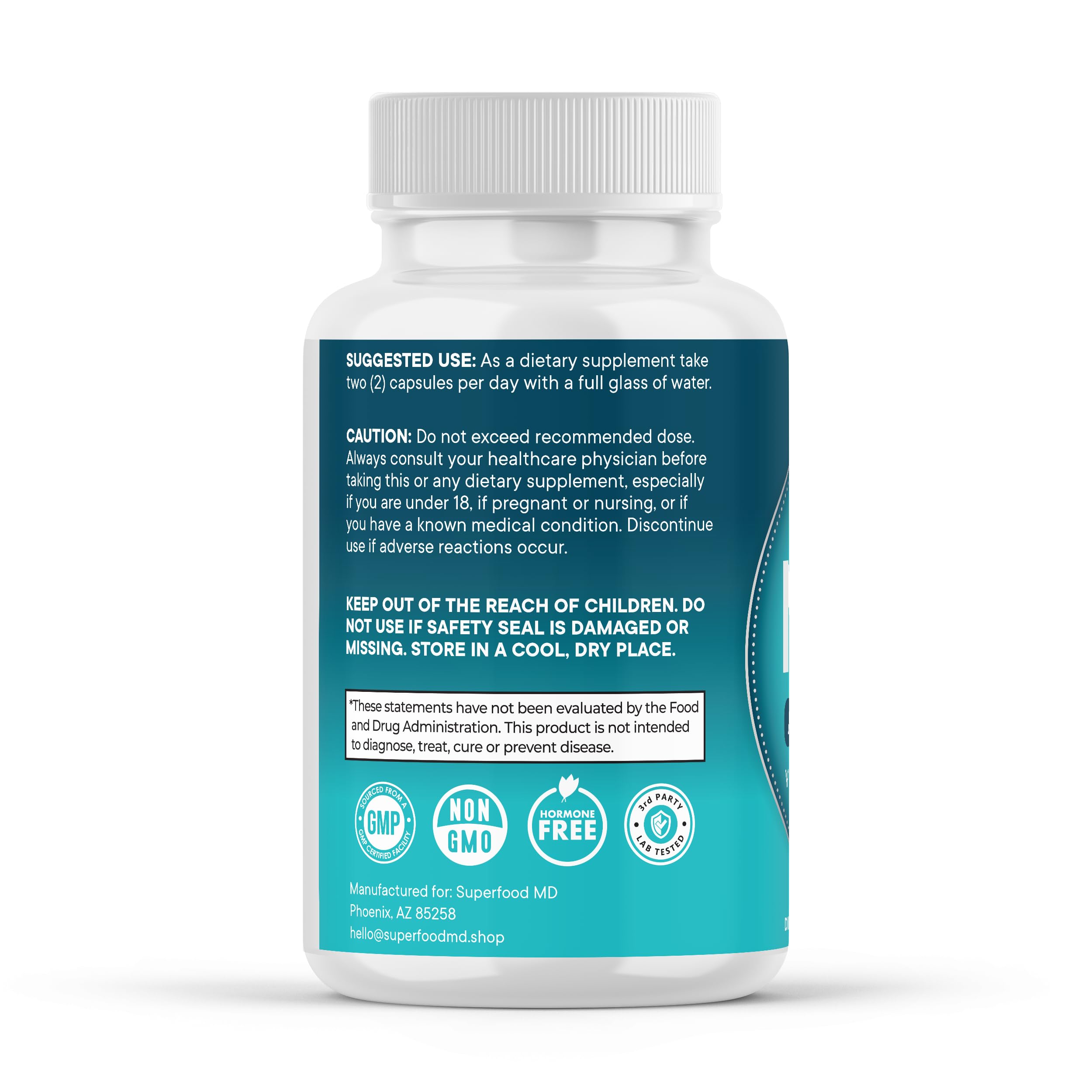 Close-up of Superfood MD NAD+ capsules highlighting liposomal delivery for absorption