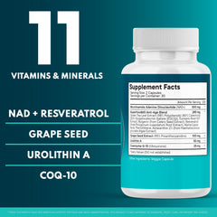 Ingredient panel shows Resveratrol, Astaxanthin, CoQ10 for antioxidant support, Superfood MD