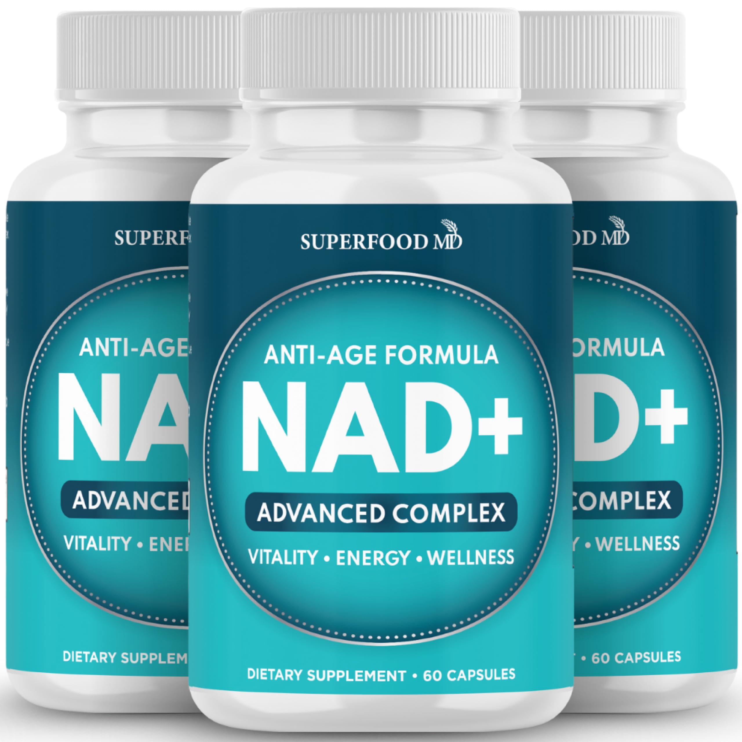 Product bottle display of Superfood MD NAD+ supplement for daily wellness