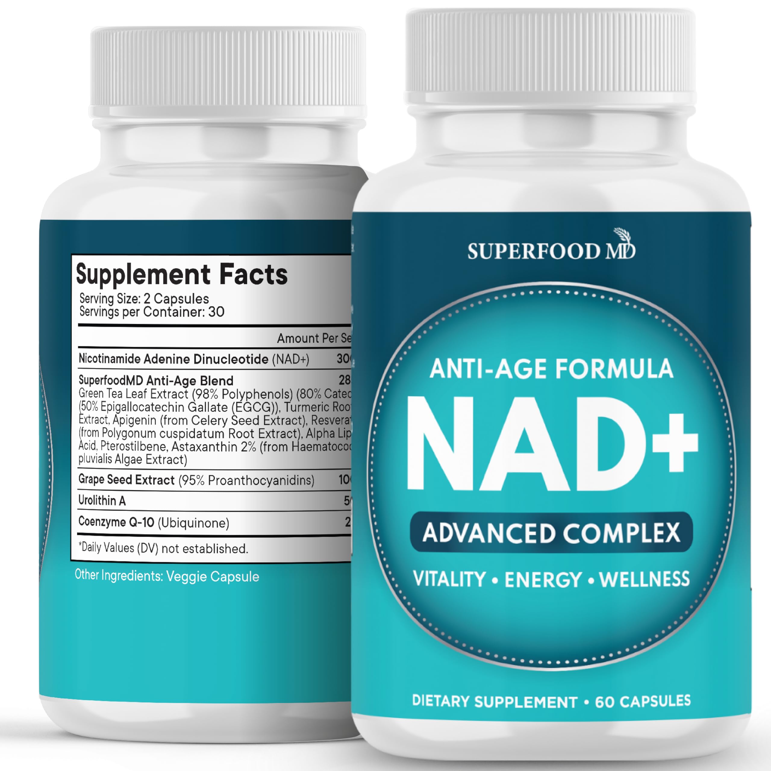 Superfood MD NAD+ supplement bottle, convenient daily capsules for balanced wellness