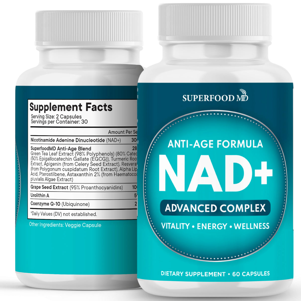 Superfood MD NAD+ supplement bottle, convenient daily capsules for balanced wellness