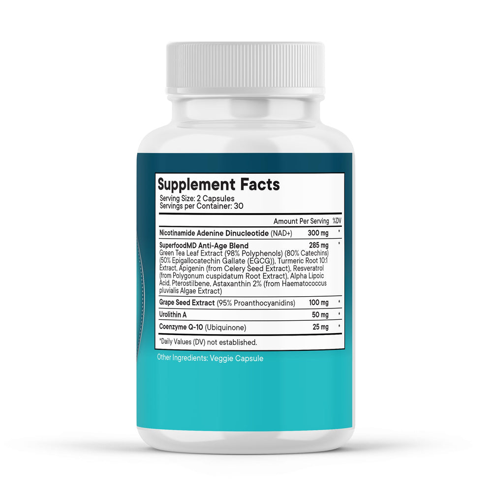 Superfood MD NAD+ bottle label highlights key ingredients including Urolithin A