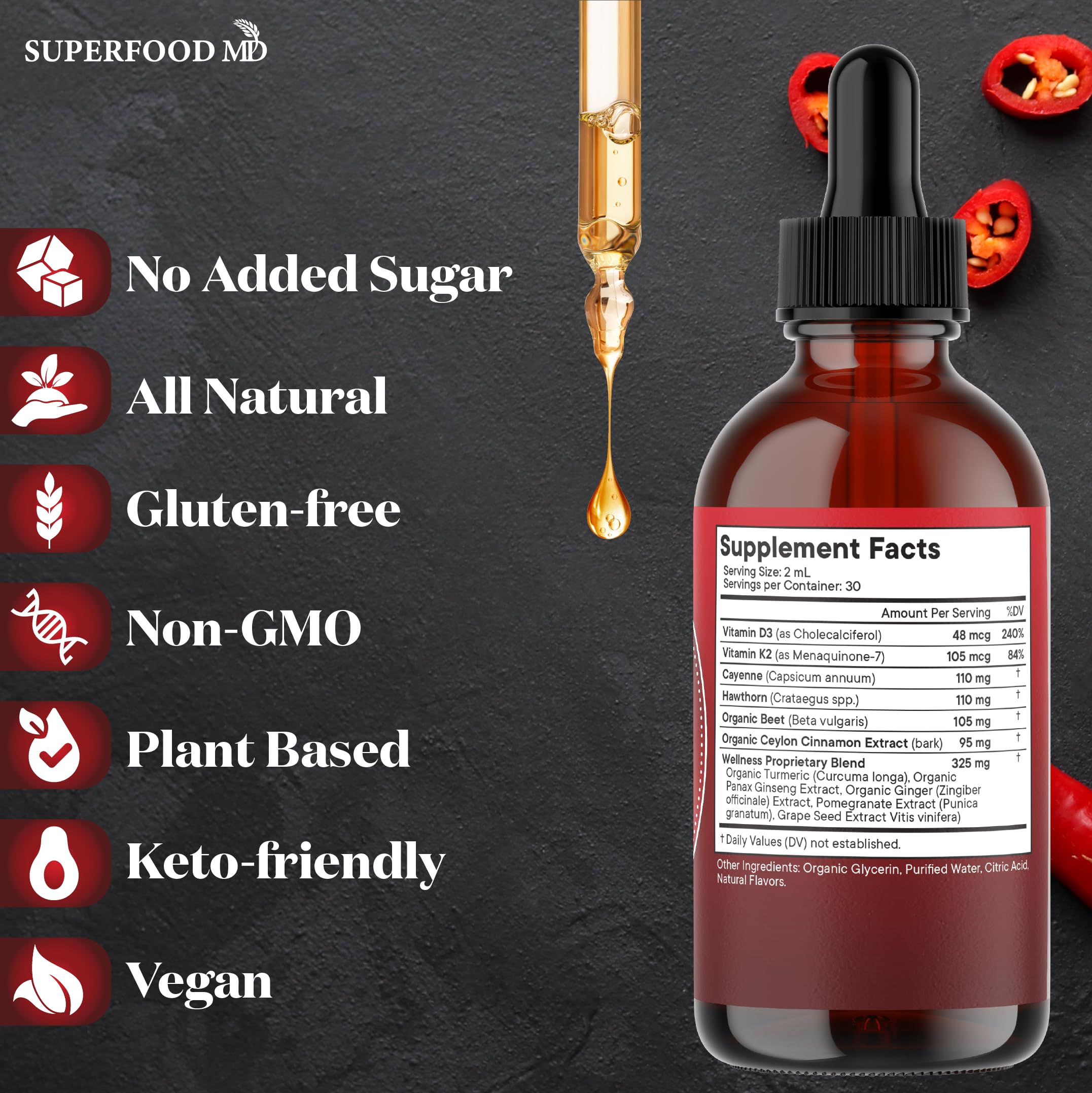 Superfood MD Turmeric Curcumin Liquid bottle reveals golden hue for turmeric-rich routines.