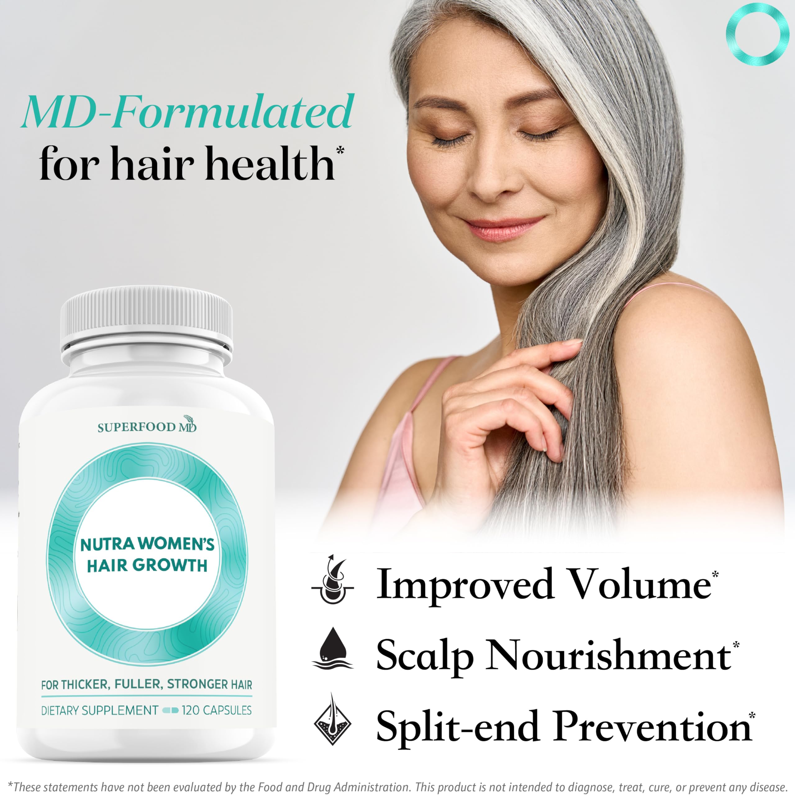 Superfood MD Women's Balance bottle back view showing ingredients for hair health