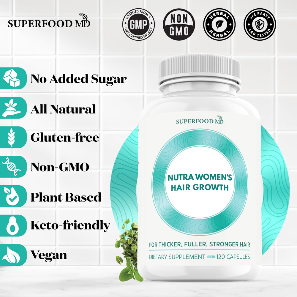 Bottle with glass of water for easy daily intake of Superfood MD Women's Balance