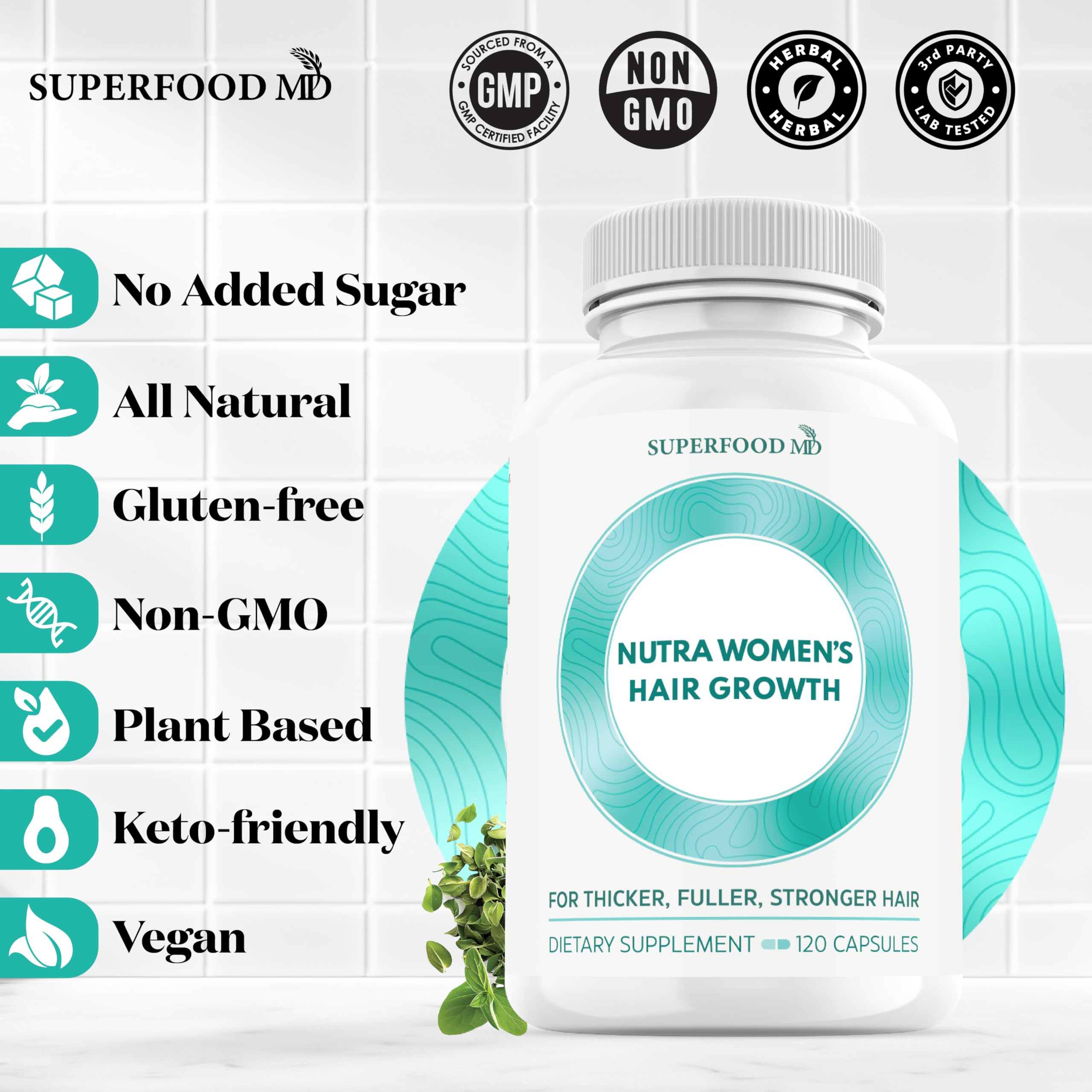 Superfood MD Women's Balance scene with capsules and glass of water.