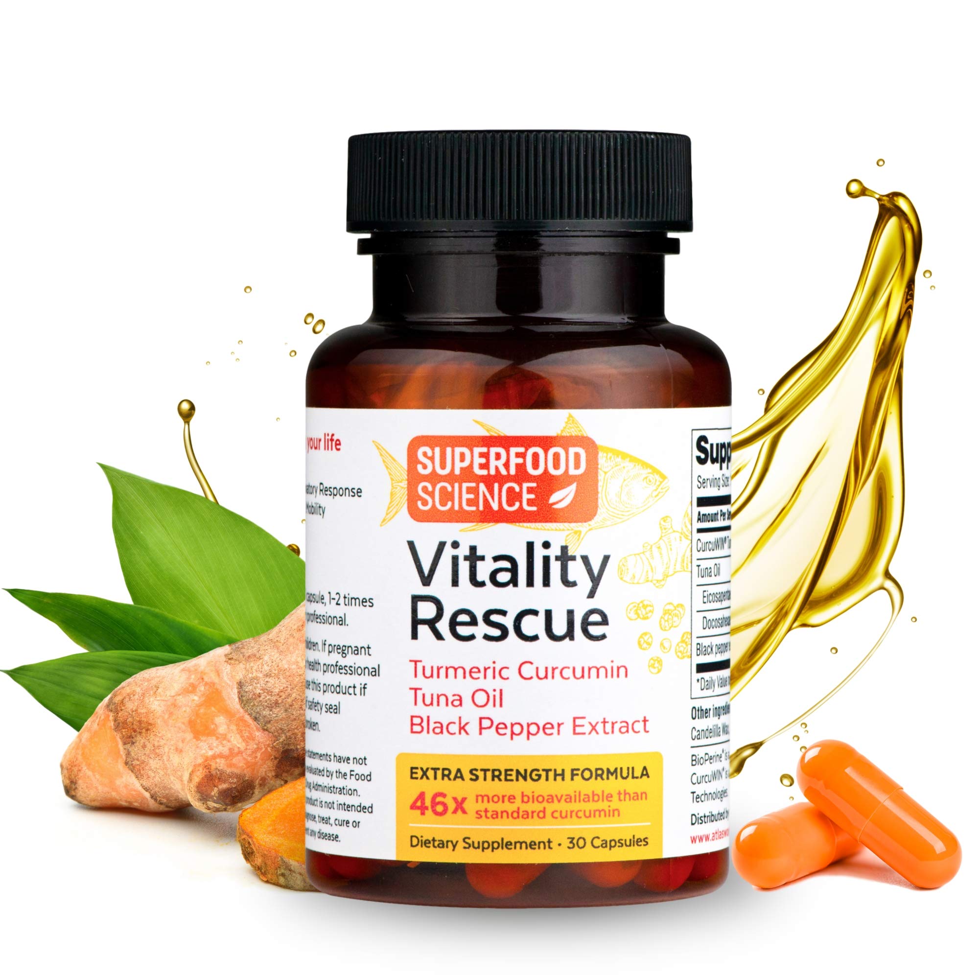 Superfood Science Vitality Rescue bottle front view showing convenient omega-3 turmeric support