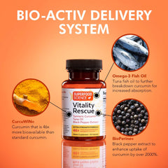 Vitality Rescue label close-up noting CurcuWin and BioPerine for enhanced absorption