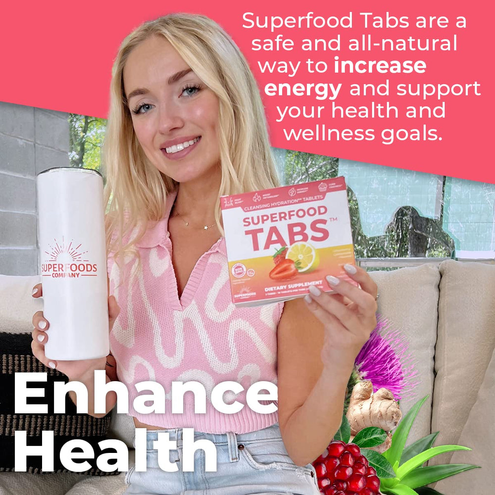 Superfood Tabs nutrition label shows 5 calories, 0g sugar, caffeine from green tea
