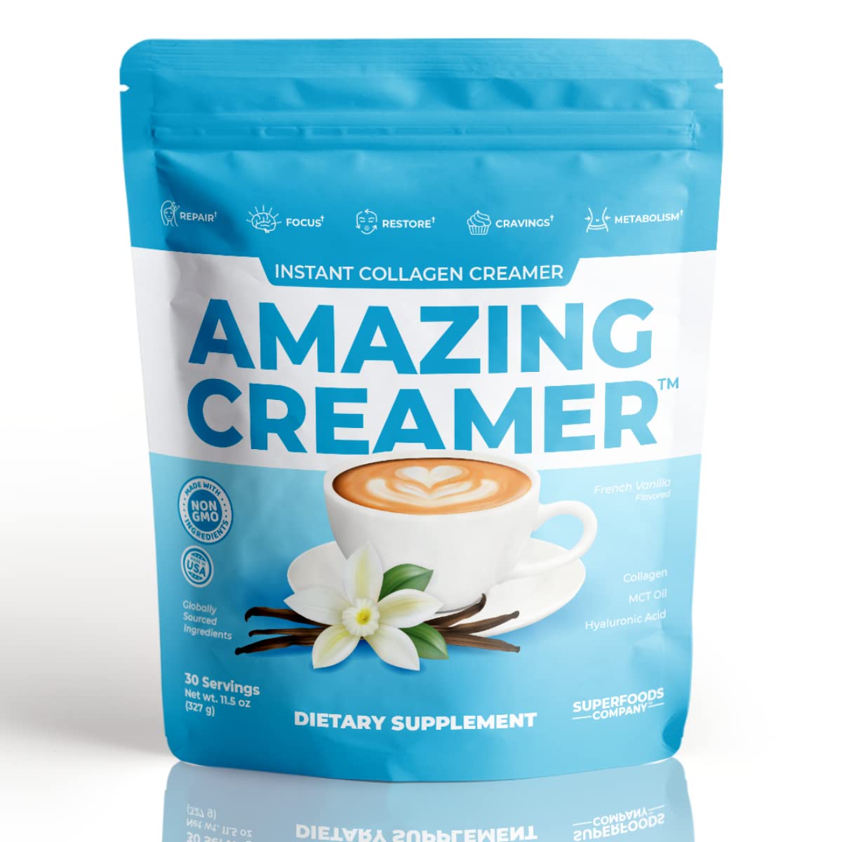 Superfood Tabs Amazing Creamer Vanilla bottle pouring into coffee for smooth flavor.