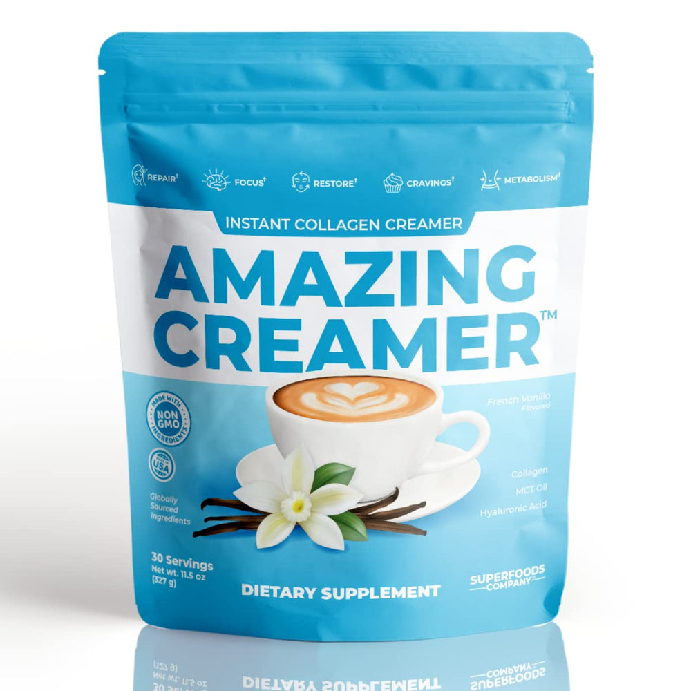 Superfood Tabs Amazing Creamer Vanilla bottle pouring into coffee for smooth flavor.
