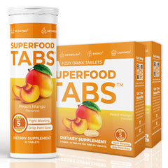 Superfood Tabs bottle close-up highlighting peach mango flavor and energy boost.