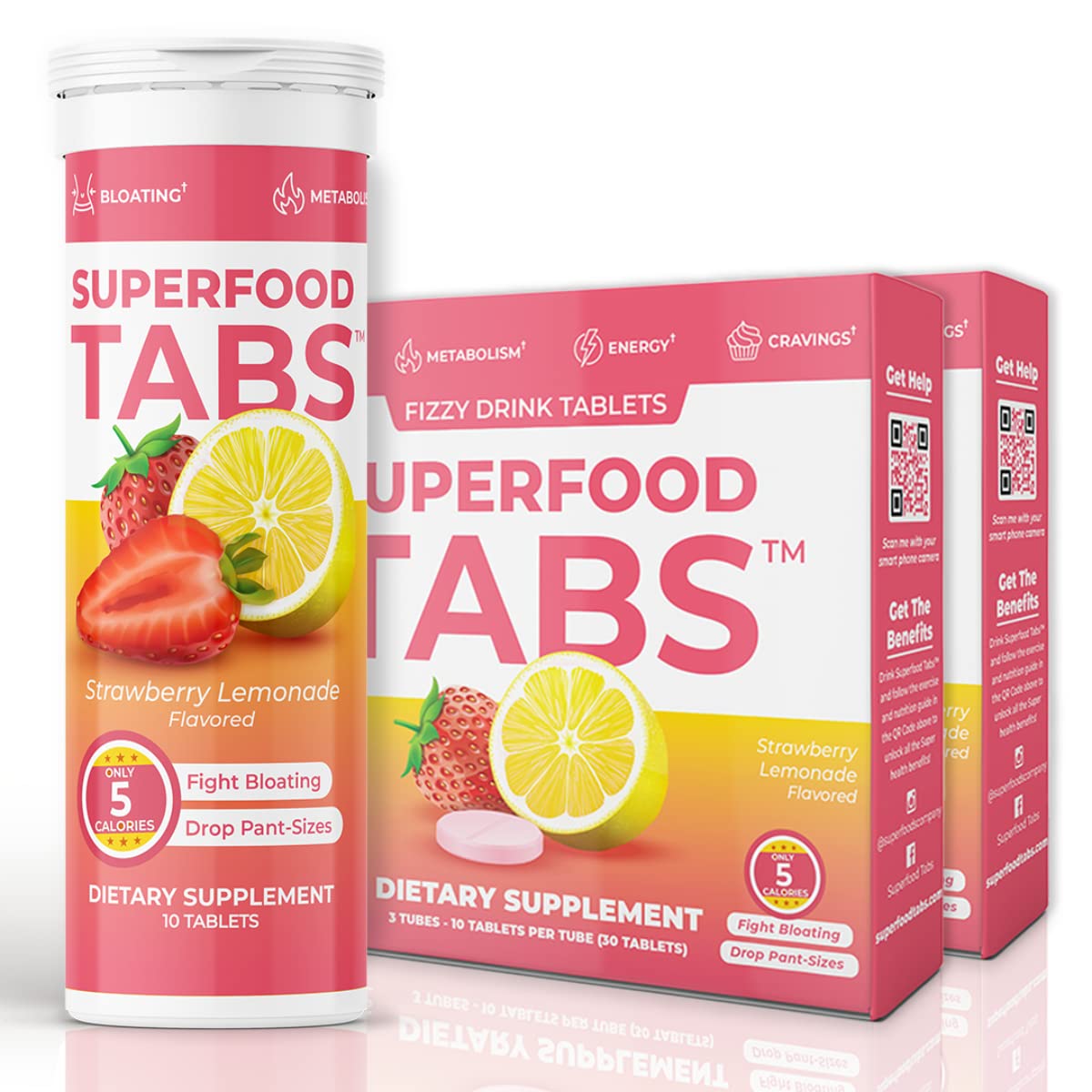 Superfood Tabs detox drink bottle highlighting strawberry lemonade flavor for daily cleanse