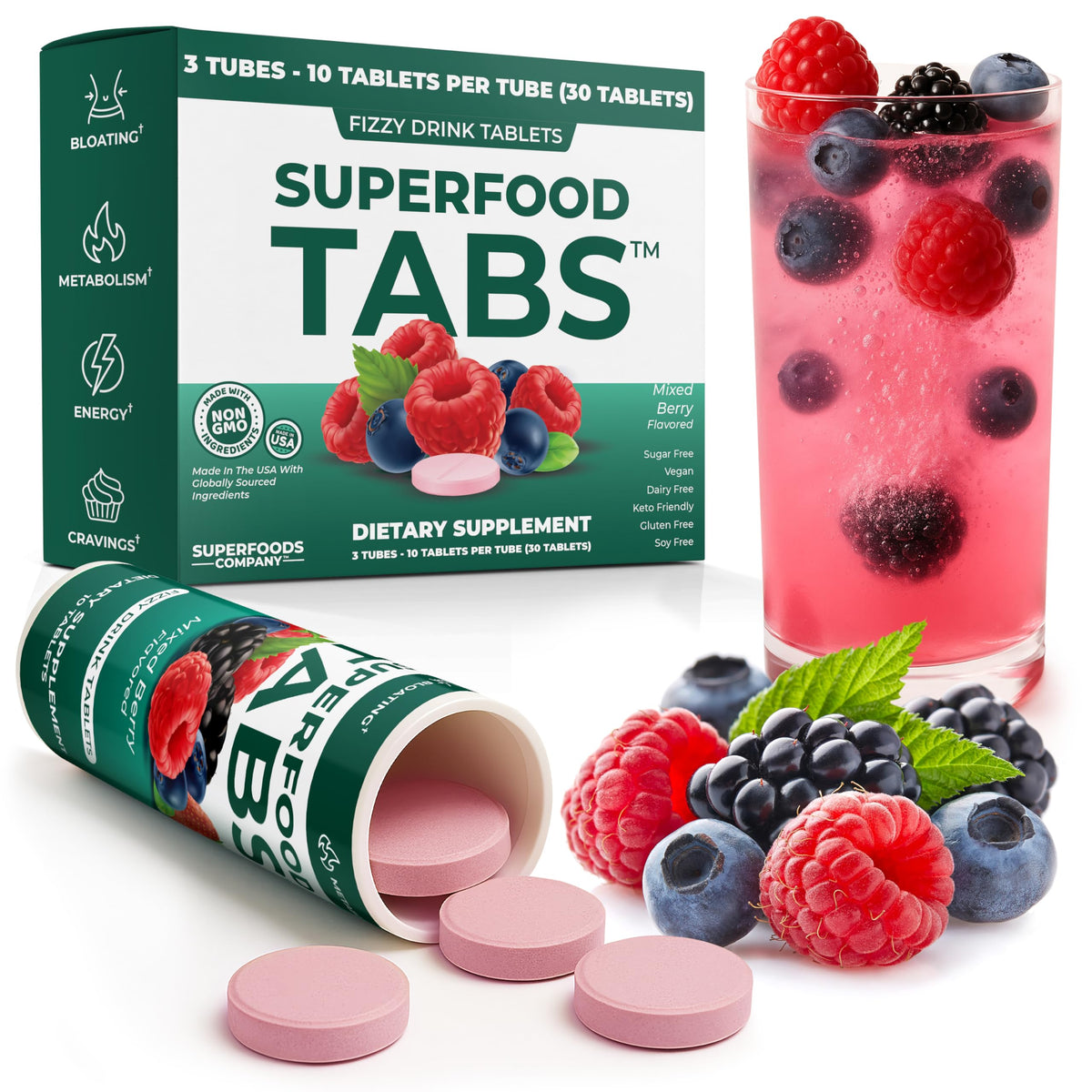 Bottle of Superfood Tabs detox drink ready for a daily cleanse.