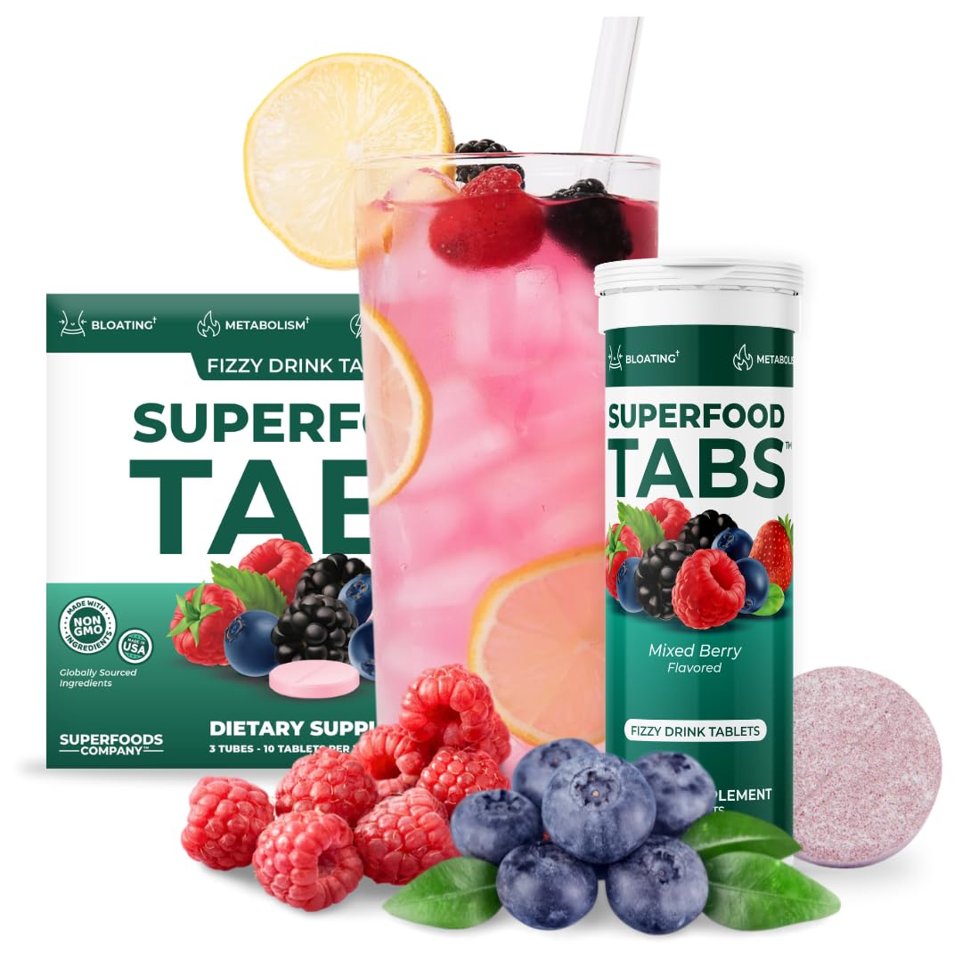Digestive health visual featuring Superfood Tabs in a wellness scene.