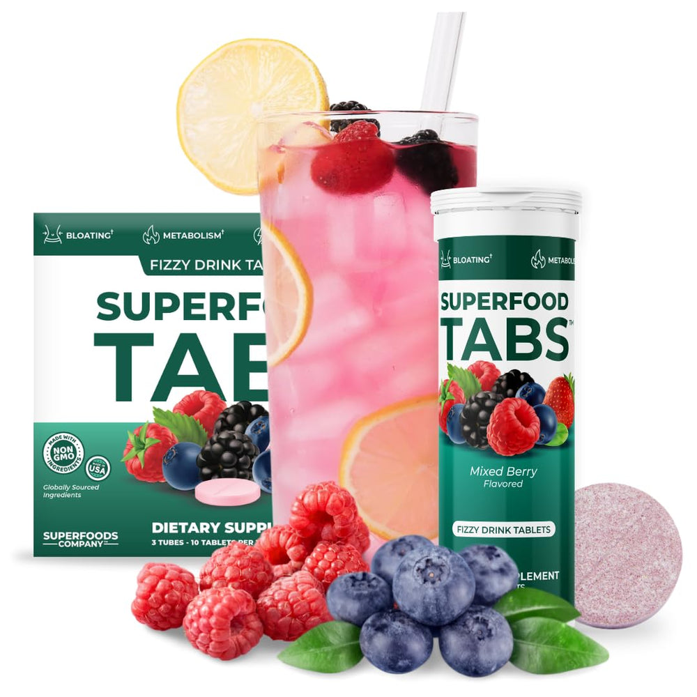 Digestive health visual featuring Superfood Tabs in a wellness scene.