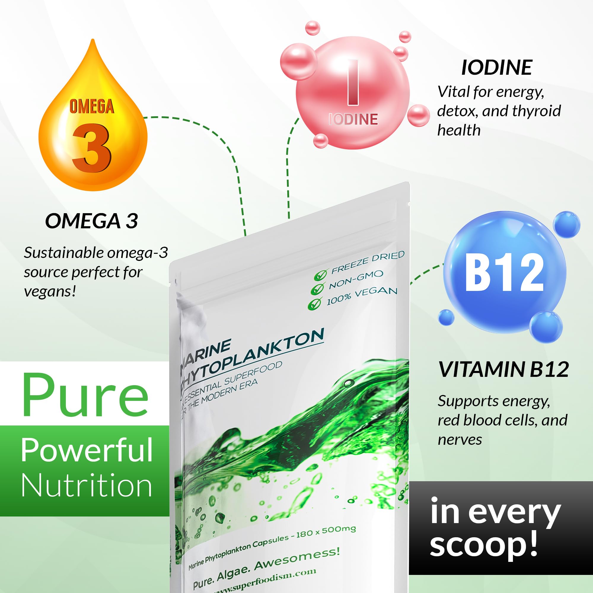 SuperFoodISM Marine Phytoplankton label highlighting vegan, pure formulation