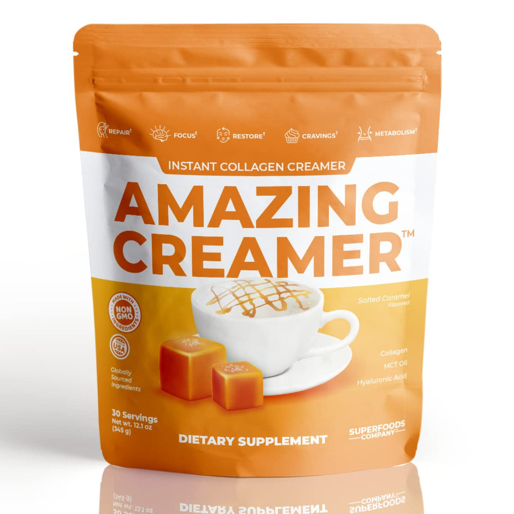 Superfoods Company Amazing Creamer bottle label highlights collagen, MCT oil, and keto compatibility.