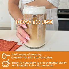 Amazing Creamer coffee pour shows creamy texture and low-sugar salted caramel flavor.