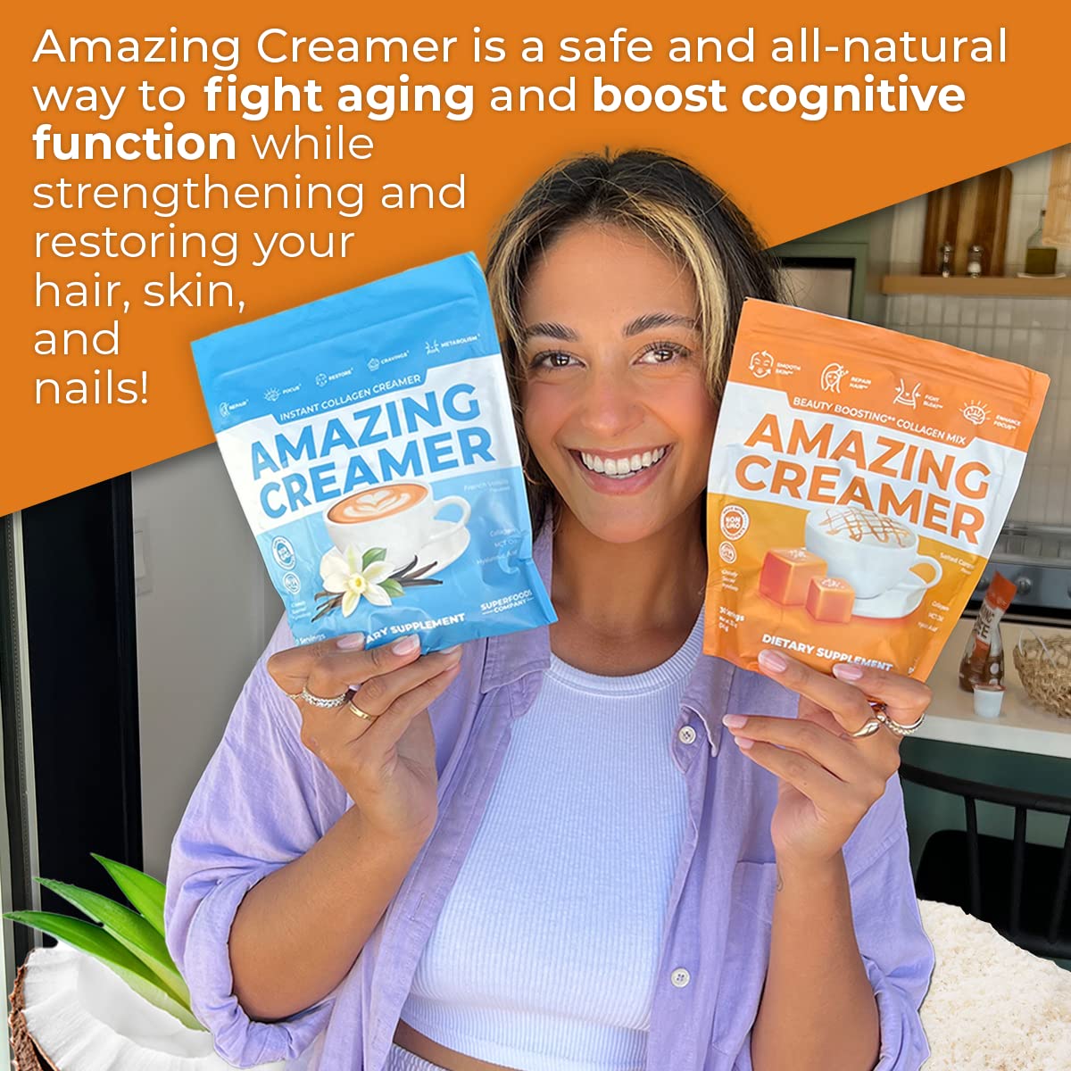 Superfoods Company Amazing Creamer salted caramel in glass demonstrates low sugar indulgence.