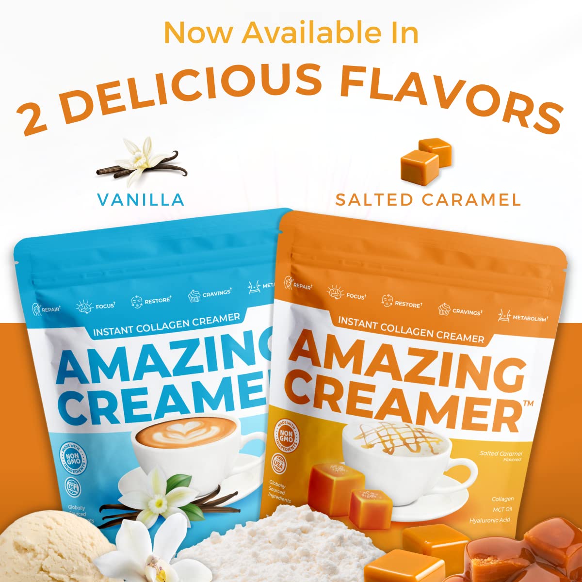 Amazing Creamer texture swirl emphasizes hyaluronic acid moisture in a hot drink.