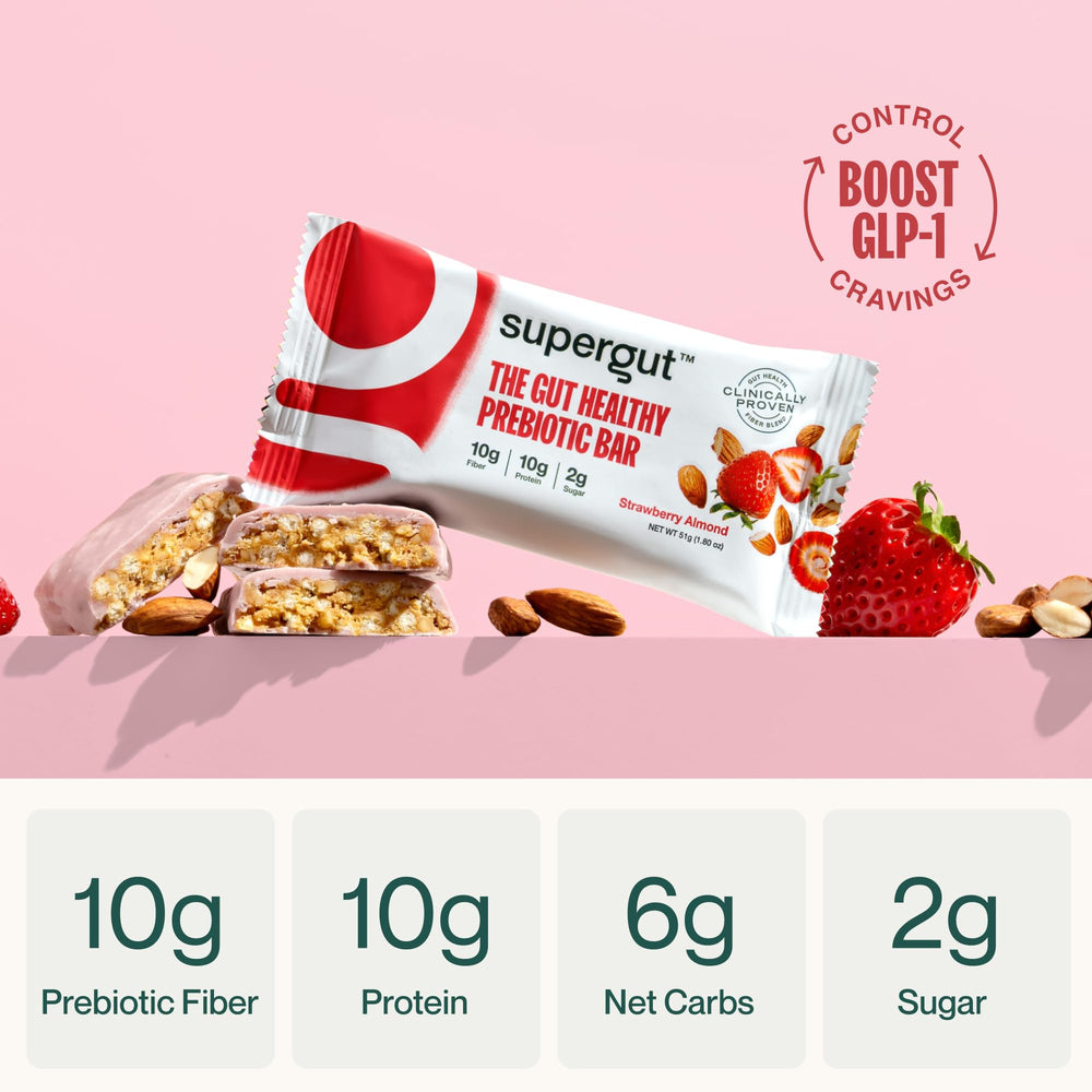 Supergut GLP-1 Bar strawberry almond packaging close-up, keto-friendly nutrition for busy days.