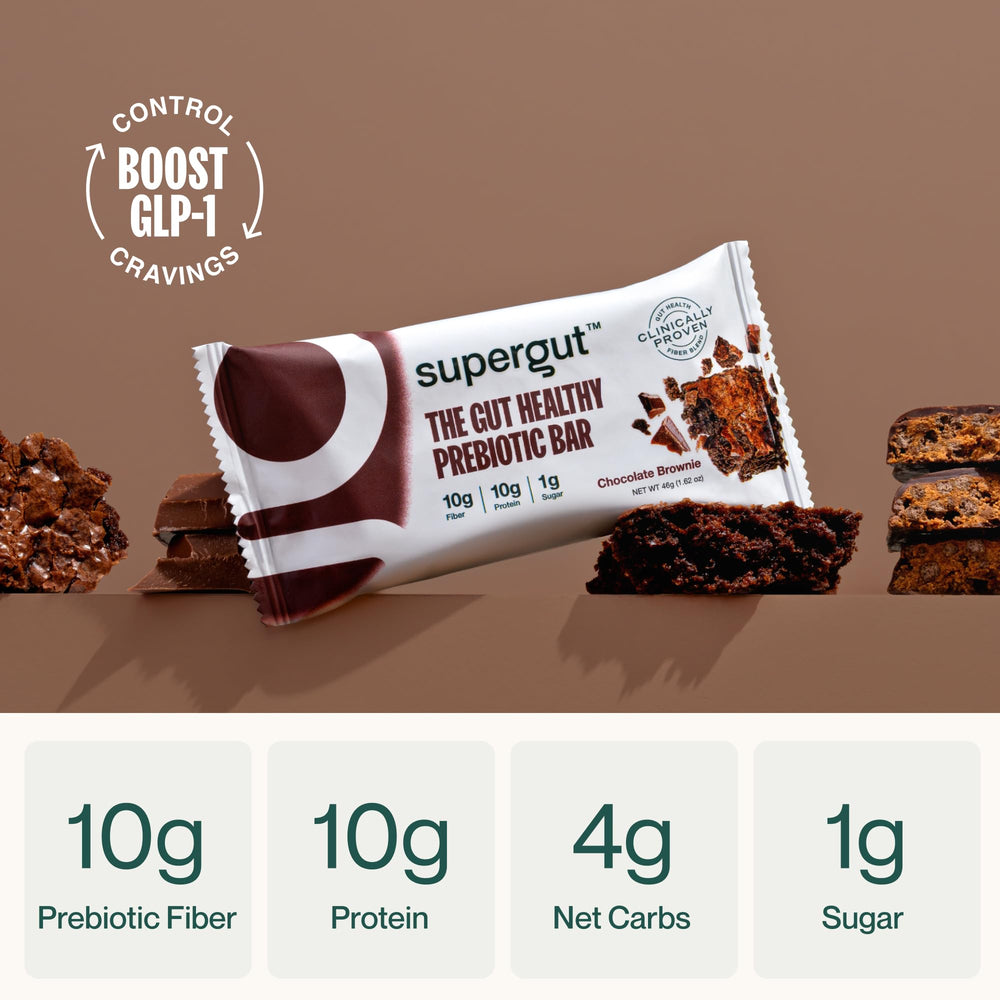 Supergut GLP-1 Bars Chocolate Brownie bar-hero shows satisfying protein and fiber.