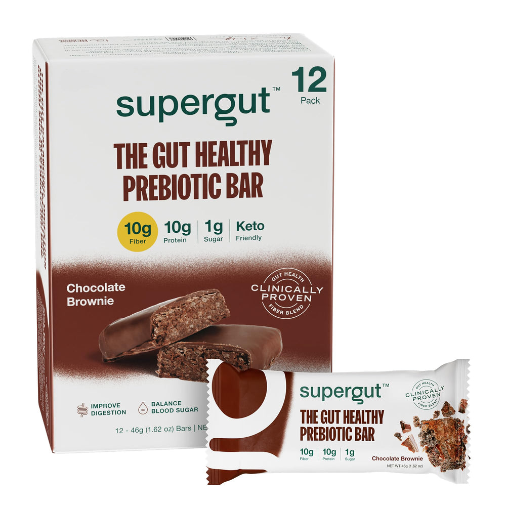 Supergut GLP-1 Bars Chocolate Brownie packaging highlights keto-friendly nutrition for on-the-go snacking.