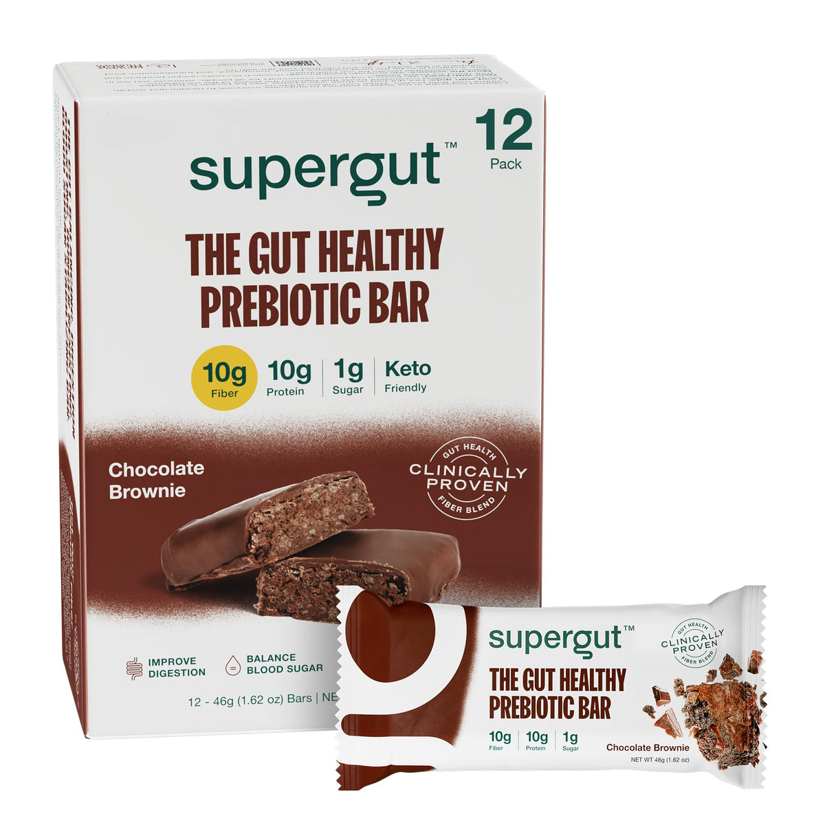 Supergut GLP-1 Bars Chocolate Brownie packaging highlights keto-friendly nutrition for on-the-go snacking.